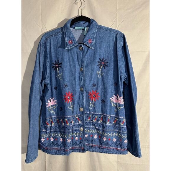 90s Vintage Jacket Womens Large Denim Floral Embroidered Boho Cottage Button - Picture 7 of 9